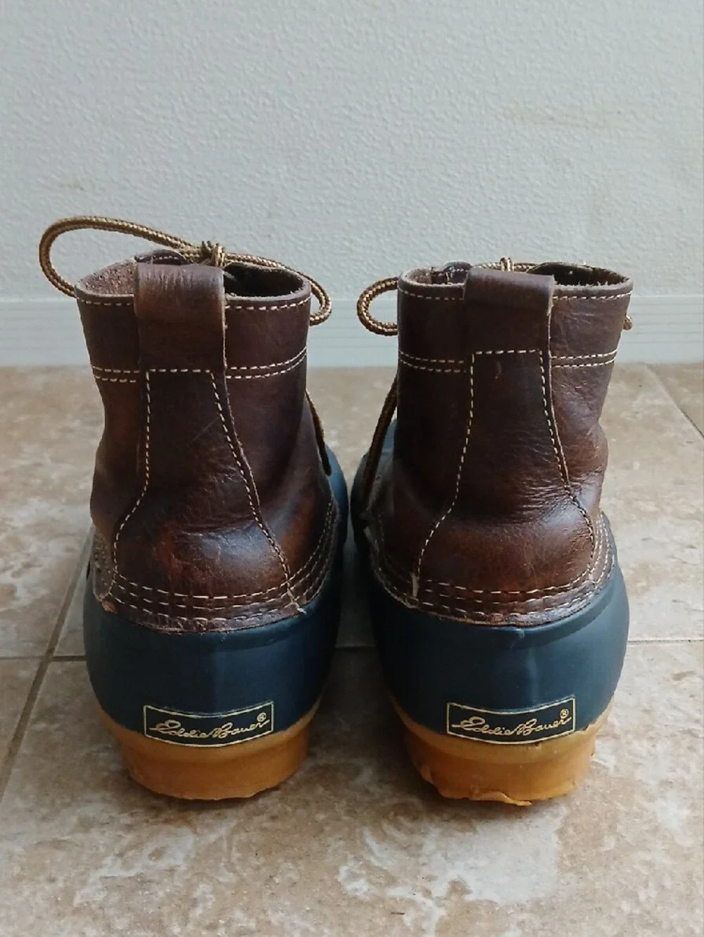 Eddie Bauer Brown Leather & Navy Rubber Duck Rain Chore Boots
